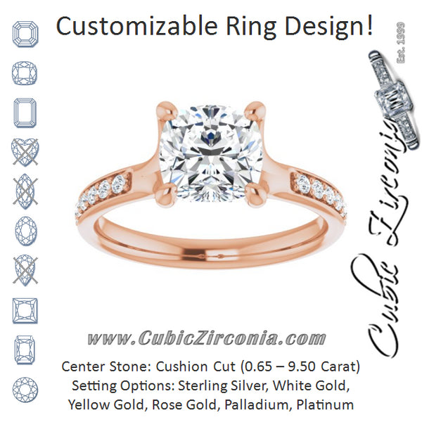 Cubic Zirconia Engagement Ring- The Faride (Customizable Heavy Prong-Set Cushion Cut Style with Round Cut Band Accents)