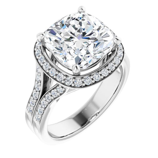 10K White Gold Customizable Cushion Cut Halo Style with Accented Split-Band