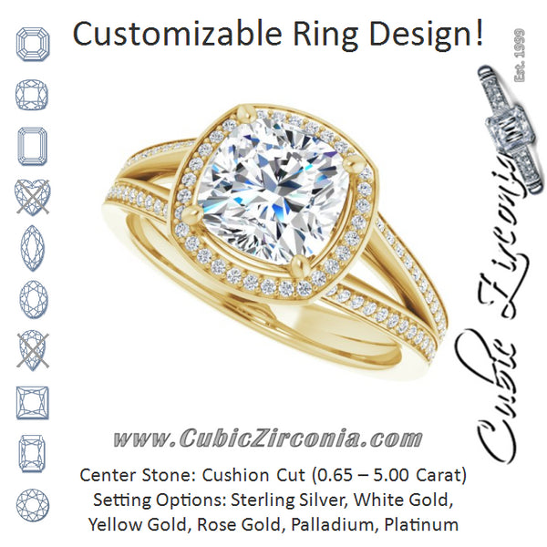 Cubic Zirconia Engagement Ring- The Carrie (Customizable Cushion Cut Design with Split-Band Shared Prong & Halo)