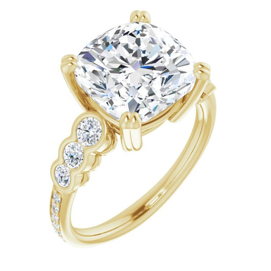 10K Yellow Gold Customizable Cushion Cut 7-stone Style Enhanced with Bezel Accents and Shared Prong Band