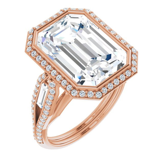 10K Rose Gold Customizable Cathedral-Bezel Emerald/Radiant Cut Design with Halo, Split-Pavé Band & Channel Baguettes