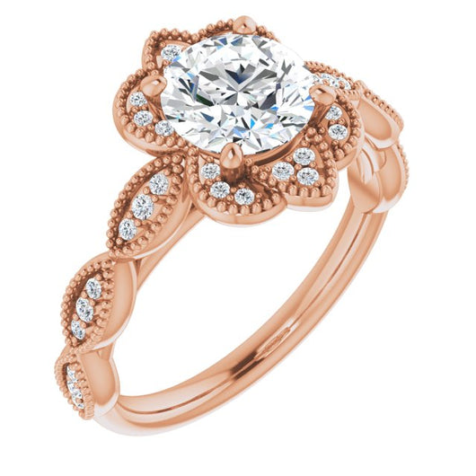 10K Rose Gold Customizable Cathedral-style Round Cut Design with Floral Segmented Halo & Milgrain+Accents Band