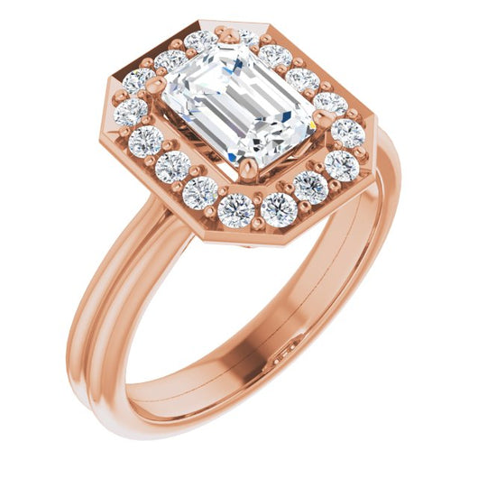 10K Rose Gold Customizable Cluster-Halo Accented Emerald/Radiant Cut Style with Tapered Dual Band