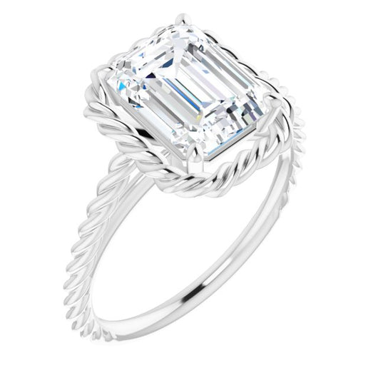 10K White Gold Customizable Cathedral-set Emerald/Radiant Cut Solitaire with Thin Rope-Twist Band