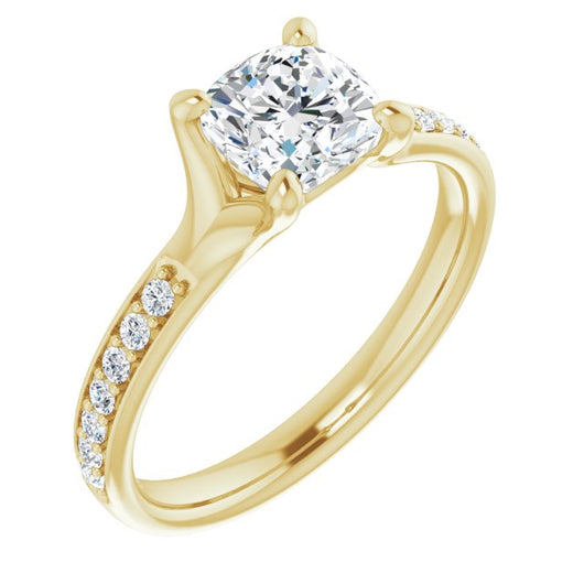 10K Yellow Gold Customizable Heavy Prong-Set Cushion Cut Style with Round Cut Band Accents