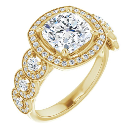 10K Yellow Gold Customizable Cathedral-set Cushion Cut 7-stone style Enhanced with 7 Halos