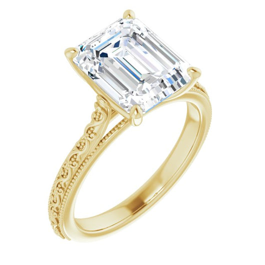 10K Yellow Gold Customizable Emerald/Radiant Cut Solitaire with Delicate Milgrain Filigree Band