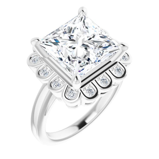 10K White Gold Customizable 9-stone Princess/Square Cut Design with Round Bezel Side Stones