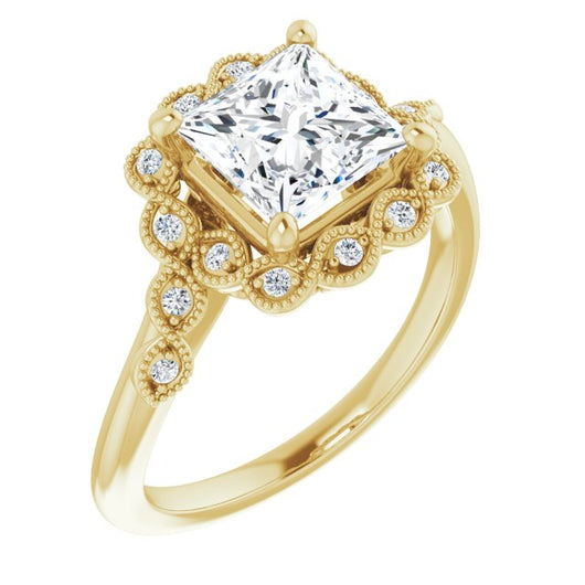 10K Yellow Gold Customizable 3-stone Design with Princess/Square Cut Center and Halo Enhancement