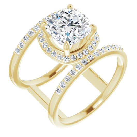 10K Yellow Gold Customizable Cushion Cut Halo Design with Open, Ultrawide Harness Double Pavé Band