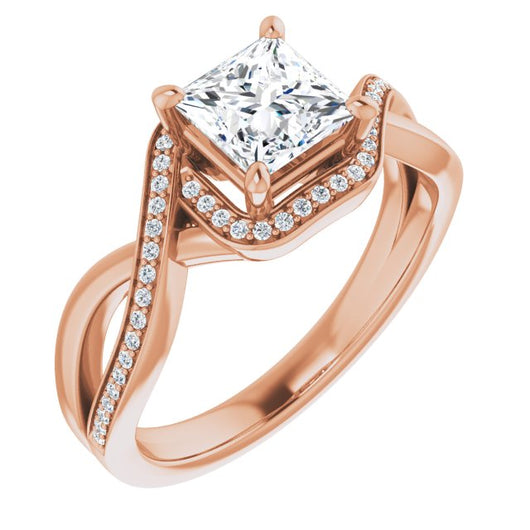 10K Rose Gold Customizable Bypass-Halo-Accented Princess/Square Cut Center with Twisting Split Shared Prong Band