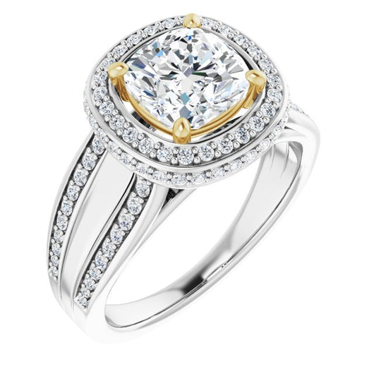 14K White & Yellow Gold Customizable Halo-style Cushion Cut with Under-halo & Ultra-wide Band