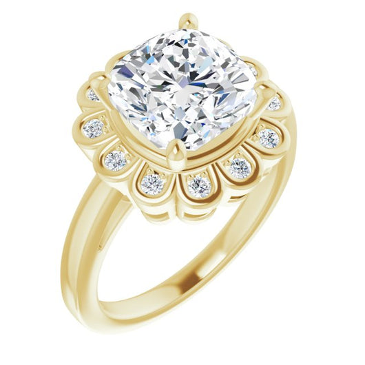 10K Yellow Gold Customizable 9-stone Cushion Cut Design with Round Bezel Side Stones