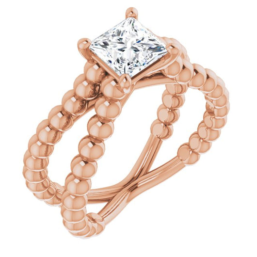 10K Rose Gold Customizable Princess/Square Cut Solitaire with Wide Beaded Split-Band