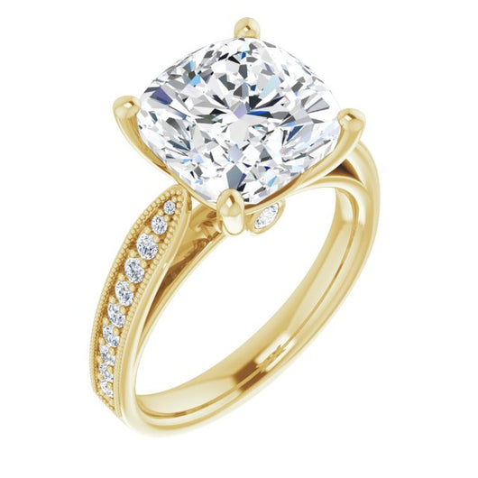 10K Yellow Gold Customizable Cushion Cut Style featuring Milgrained Shared Prong Band & Dual Peekaboos