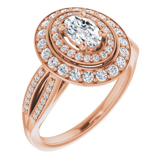 10K Rose Gold Customizable Cathedral-style Oval Cut Design with Double Halo & Split-Pavé Band