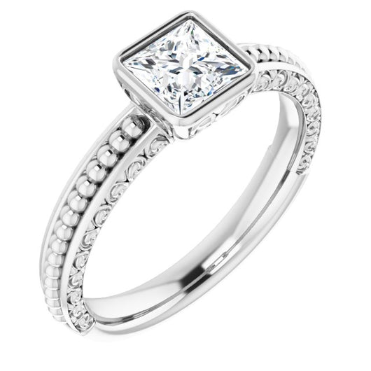 10K White Gold Customizable Bezel-set Princess/Square Cut Solitaire with Beaded and Carved Three-sided Band