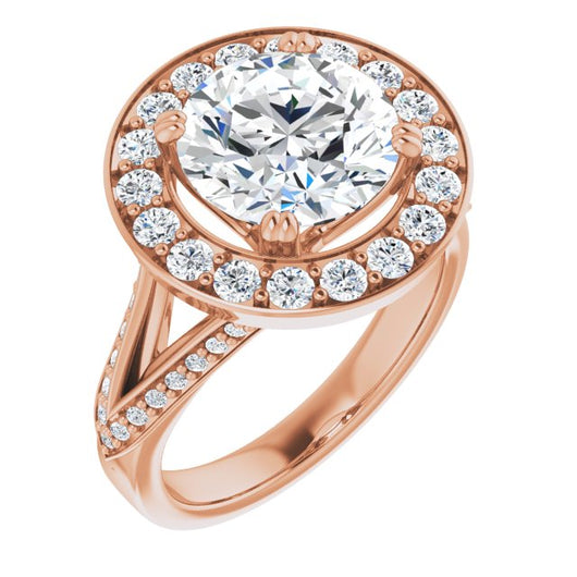 10K Rose Gold Customizable Round Cut Center with Large-Accented Halo and Split Shared Prong Band