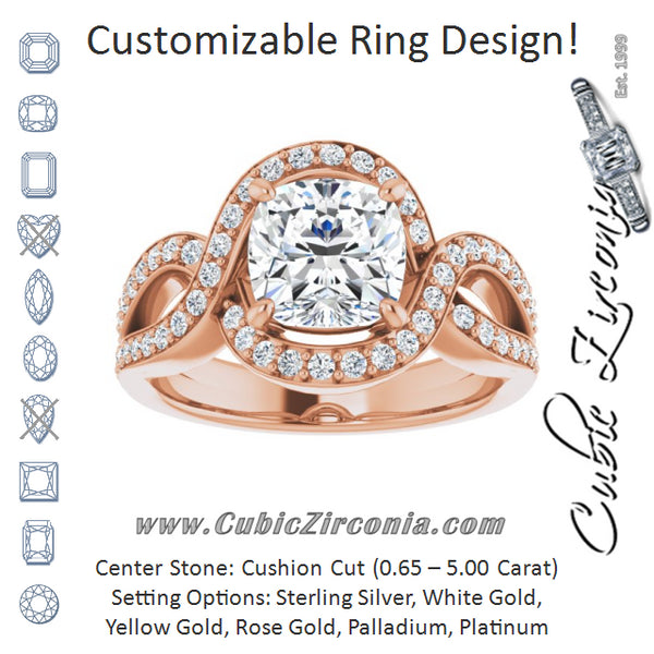 Cubic Zirconia Engagement Ring- The Effie (Customizable Cushion Cut Center with Infinity-inspired Split Shared Prong Band and Bypass Halo)