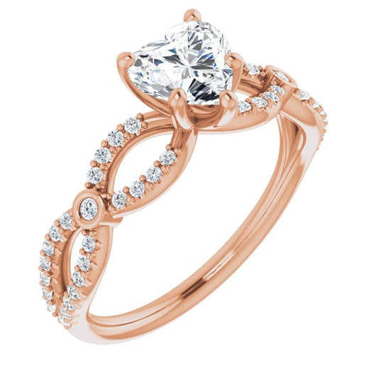 10K Rose Gold Customizable Heart Cut Design with Infinity-inspired Split Pavé Band and Bezel Peekaboo Accents