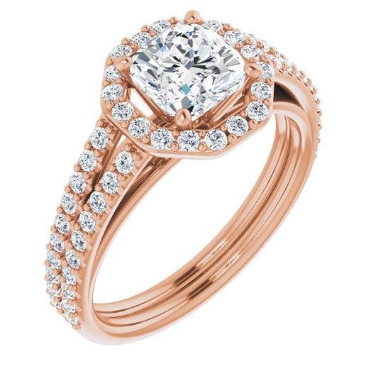 10K Rose Gold Customizable Cathedral Cushion Cut Design with Geometric Halo & Split Pavé Band