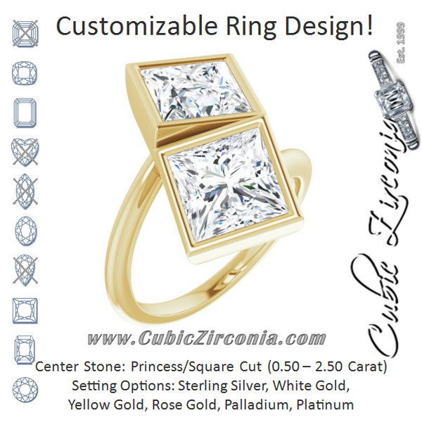 Cubic Zirconia Engagement Ring- The Mirella (Customizable 2-stone Double Bezel Princess/Square Cut Design with Artisan Bypass Band)