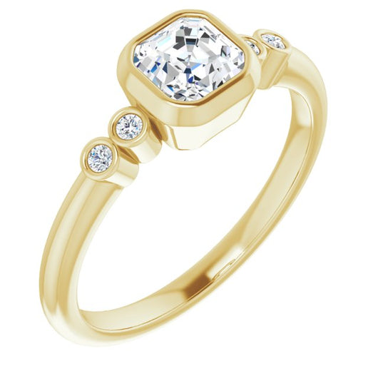 10K Yellow Gold Customizable 5-stone Bezel-set Asscher Cut Design with Quad Round-Bezel Side Stones