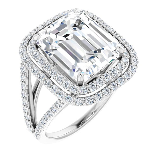 10K White Gold Customizable Emerald/Radiant Cut Design with Double Halo and Wide Split-Pavé Band