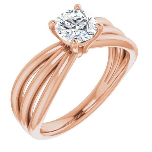 10K Rose Gold Customizable Round Cut Solitaire Design with Wide, Ribboned Split-band