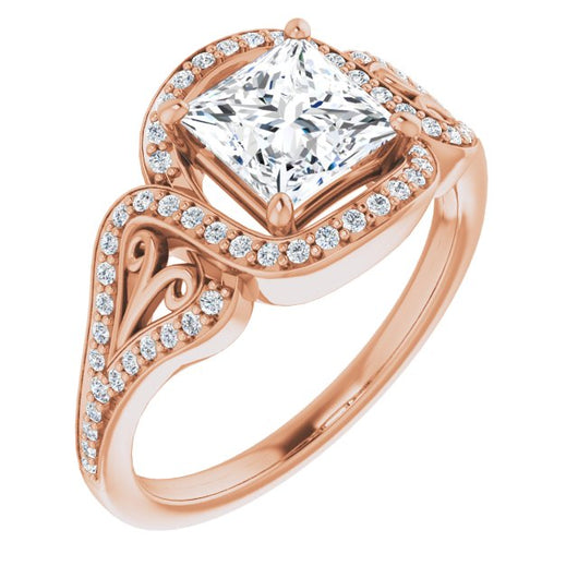 10K Rose Gold Customizable Princess/Square Cut Design with Bypass Halo and Split-Shared Prong Band