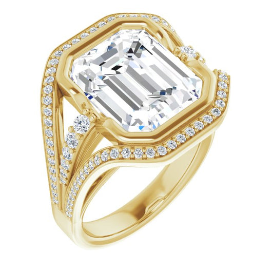 10K Yellow Gold Customizable Cathedral-Bezel Emerald/Radiant Cut Design with Wide Triple-Split-Pavé Band