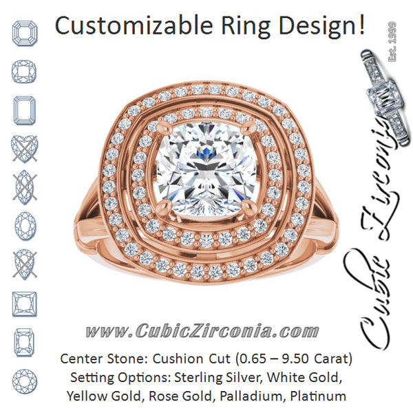 Cubic Zirconia Engagement Ring- The Cheryl (Customizable Cathedral-set Cushion Cut Design with Double Halo, Wide Split Band and Side Knuckle Accents)