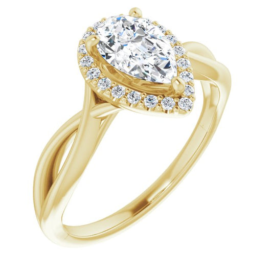 10K Yellow Gold Customizable Cathedral-Halo Pear Cut Design with Twisting Split Band