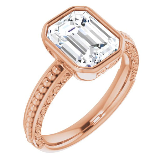 10K Rose Gold Customizable Bezel-set Emerald/Radiant Cut Solitaire with Beaded and Carved Three-sided Band