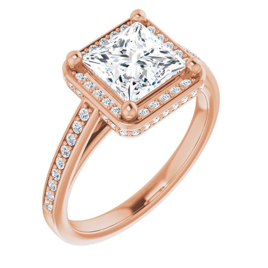 10K Rose Gold Customizable Cathedral-Halo Princess/Square Cut Design with Under-halo & Shared Prong Band