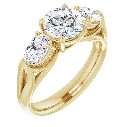 10K Yellow Gold Customizable Cathedral-set 3-stone Round Cut Style with Dual Oval Cut Accents & Wide Split Band