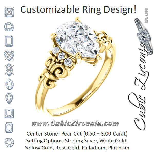 Cubic Zirconia Engagement Ring- The Lark (Customizable 7-stone Pear Cut Design with Vertical Round-Channel Accents)