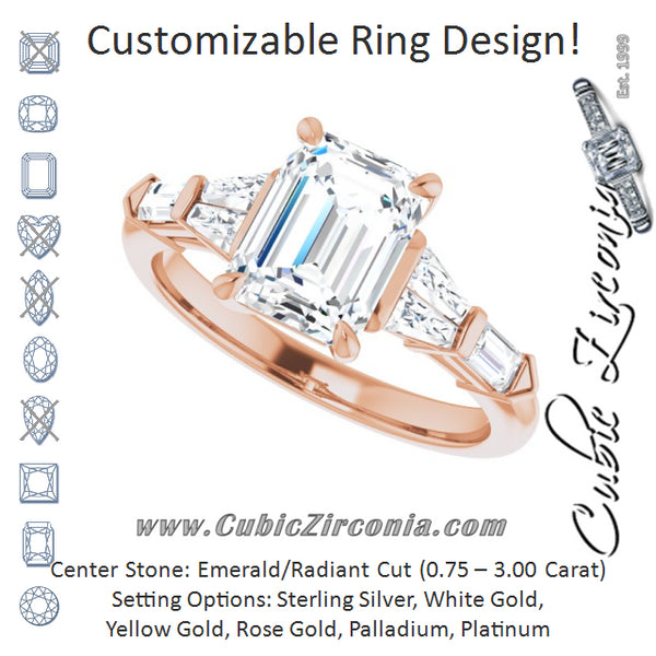 Cubic Zirconia Engagement Ring- The Annaliza (Customizable 7-stone Design with Emerald Cut Center and Baguette Accents)