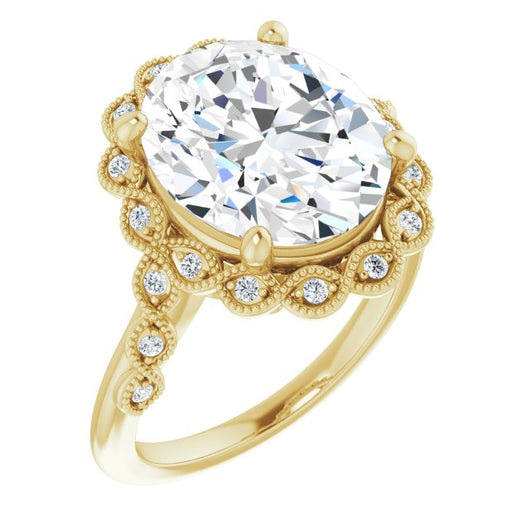 10K Yellow Gold Customizable 3-stone Design with Oval Cut Center and Halo Enhancement