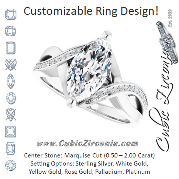 Cubic Zirconia Engagement Ring- The Asha (Customizable Marquise Cut Center with Curving Split-Band featuring One Shared Prong Leg)