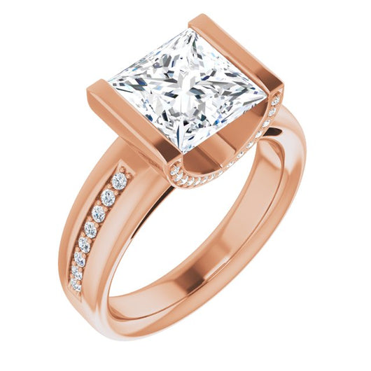 10K Rose Gold Customizable Cathedral-Bar Princess/Square Cut Design featuring Shared Prong Band and Prong Accents