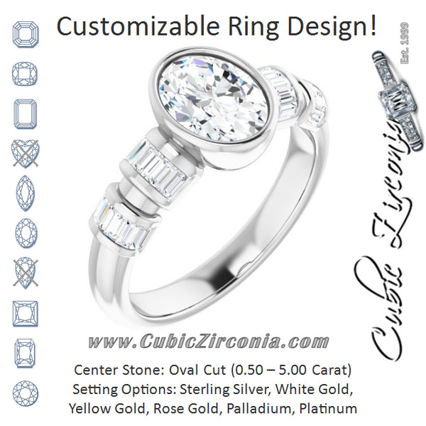 Cubic Zirconia Engagement Ring- The Astrid (Customizable Bezel-set Oval Cut Design with Quad Horizontal Band Sleeves of Baguette Accents)