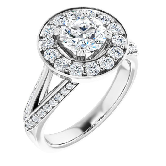 10K White Gold Customizable Round Cut Center with Large-Accented Halo and Split Shared Prong Band