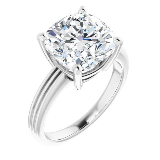 10K White Gold Customizable Cushion Cut Solitaire with Double-Grooved Band