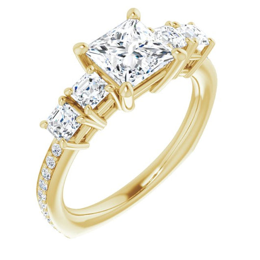 10K Yellow Gold Customizable Princess/Square Cut 5-stone Style with Quad Princess/Square Accents plus Shared Prong Band