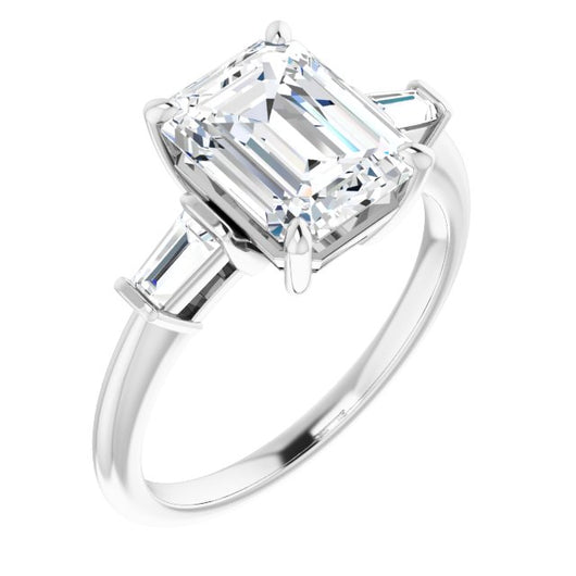 10K White Gold Customizable 3-stone Emerald/Radiant Cut Design with Dual Baguette Accents)