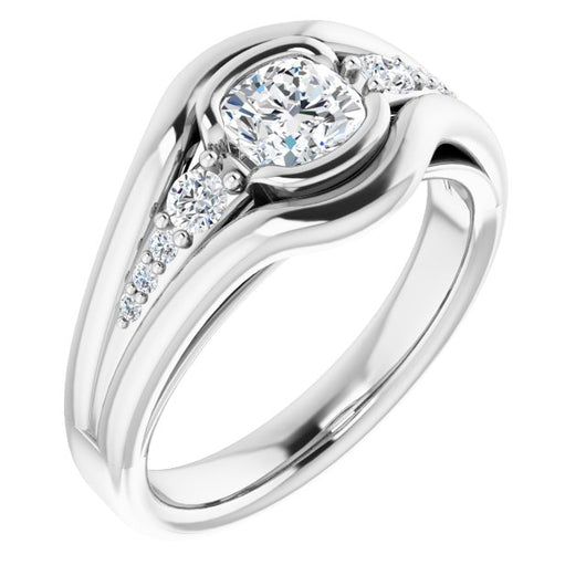 10K White Gold Customizable 9-stone Cushion Cut Design with Bezel Center, Wide Band and Round Prong Side Stones