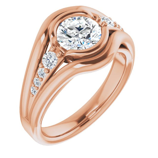 10K Rose Gold Customizable 9-stone Round Cut Design with Bezel Center, Wide Band and Round Prong Side Stones