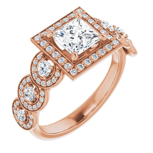 10K Rose Gold Customizable Cathedral-set Princess/Square Cut 7-stone style Enhanced with 7 Halos