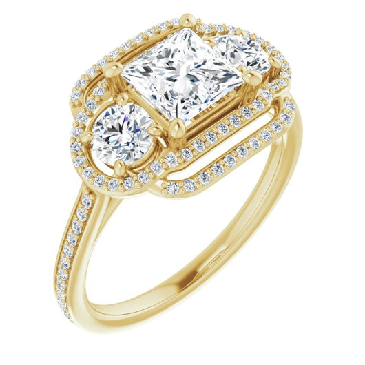 10K Yellow Gold Customizable Enhanced 3-stone Double-Halo Style with Princess/Square Cut Center and Thin Band